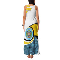 Saint Lucia Modern Tribal Crest Design Family Matching Tank Maxi Dress and Hawaiian Shirt with Flag Colors and Bold Text Layout - Wonder Print Shop