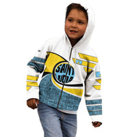 Saint Lucia Modern Tribal Crest Design Kid Hoodie with Flag Colors and Bold Text Layout - Wonder Print Shop