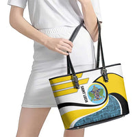 Saint Lucia Modern Tribal Crest Design Leather Tote Bag with Flag Colors and Bold Text Layout - Wonder Print Shop