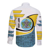 Saint Lucia Modern Tribal Crest Design Long Sleeve Button Shirt with Flag Colors and Bold Text Layout - Wonder Print Shop