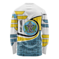 Saint Lucia Modern Tribal Crest Design Long Sleeve Shirt with Flag Colors and Bold Text Layout - Wonder Print Shop