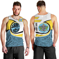 Saint Lucia Modern Tribal Crest Design Men Tank Top with Flag Colors and Bold Text Layout - Wonder Print Shop