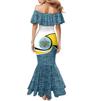 Saint Lucia Modern Tribal Crest Design Mermaid Dress with Flag Colors and Bold Text Layout - Wonder Print Shop