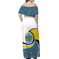 Saint Lucia Modern Tribal Crest Design Off Shoulder Maxi Dress with Flag Colors and Bold Text Layout - Wonder Print Shop