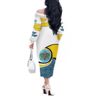 Saint Lucia Modern Tribal Crest Design Off The Shoulder Long Sleeve Dress with Flag Colors and Bold Text Layout - Wonder Print Shop