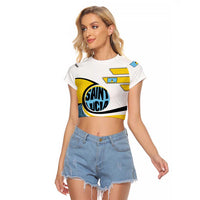 Saint Lucia Modern Tribal Crest Design Raglan Cropped T Shirt with Flag Colors and Bold Text Layout - Wonder Print Shop