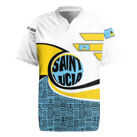 Saint Lucia Modern Tribal Crest Design Rugby Jersey with Flag Colors and Bold Text Layout - Wonder Print Shop