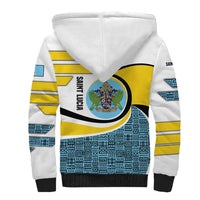 Saint Lucia Modern Tribal Crest Design Sherpa Hoodie with Flag Colors and Bold Text Layout - Wonder Print Shop