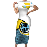 Saint Lucia Modern Tribal Crest Design Short Sleeve Bodycon Dress with Flag Colors and Bold Text Layout - Wonder Print Shop