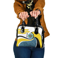 Saint Lucia Modern Tribal Crest Design Shoulder Handbag with Flag Colors and Bold Text Layout - Wonder Print Shop