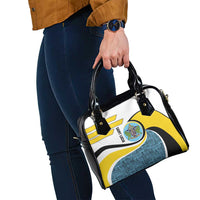 Saint Lucia Modern Tribal Crest Design Shoulder Handbag with Flag Colors and Bold Text Layout - Wonder Print Shop