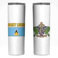 Saint Lucia Modern Tribal Crest Design Skinny Tumbler with Flag Colors and Bold Text Layout - Wonder Print Shop