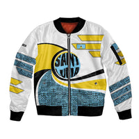 Saint Lucia Modern Tribal Crest Design Sleeve Zip Bomber Jacket with Flag Colors and Bold Text Layout - Wonder Print Shop
