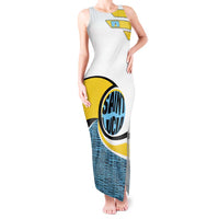Saint Lucia Modern Tribal Crest Design Tank Maxi Dress with Flag Colors and Bold Text Layout - Wonder Print Shop