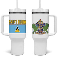 Saint Lucia Modern Tribal Crest Design Tumbler With Handle with Flag Colors and Bold Text Layout - Wonder Print Shop