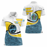 Saint Lucia Modern Tribal Crest Design Women Polo Shirt with Flag Colors and Bold Text Layout - Wonder Print Shop