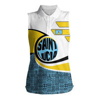 Saint Lucia Modern Tribal Crest Design Women Sleeveless Polo Shirt with Flag Colors and Bold Text Layout - Wonder Print Shop