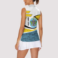 Saint Lucia Modern Tribal Crest Design Women Sleeveless Polo Shirt with Flag Colors and Bold Text Layout - Wonder Print Shop