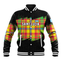 Saint Lucia Parrot Baseball Jacket with Madras Pattern and Cultural Black Motif Design - Wonder Print Shop