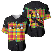 Saint Lucia Parrot Baseball Jersey with Madras Pattern and Cultural Black Motif Design - Wonder Print Shop