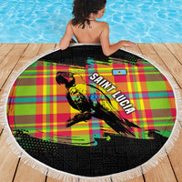 Saint Lucia Parrot Beach Blanket with Madras Pattern and Cultural Black Motif Design - Wonder Print Shop