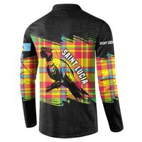 Saint Lucia Parrot Button Sweatshirt with Madras Pattern and Cultural Black Motif Design - Wonder Print Shop