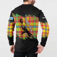 Saint Lucia Parrot Button Sweatshirt with Madras Pattern and Cultural Black Motif Design - Wonder Print Shop