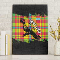 Saint Lucia Parrot Canvas Wall Art with Madras Pattern and Cultural Black Motif Design - Wonder Print Shop