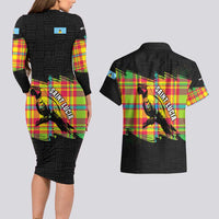 Saint Lucia Parrot Couples Matching Long Sleeve Bodycon Dress and Hawaiian Shirt with Madras Pattern and Cultural Black Motif Design - Wonder Print Shop