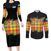 Saint Lucia Parrot Couples Matching Long Sleeve Bodycon Dress and Long Sleeve Button Shirt with Madras Pattern and Cultural Black Motif Design - Wonder Print Shop