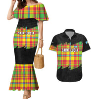 Saint Lucia Parrot Couples Matching Mermaid Dress and Hawaiian Shirt with Madras Pattern and Cultural Black Motif Design - Wonder Print Shop