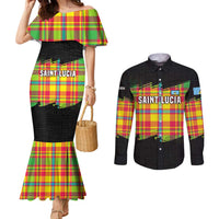 Saint Lucia Parrot Couples Matching Mermaid Dress and Long Sleeve Button Shirt with Madras Pattern and Cultural Black Motif Design - Wonder Print Shop