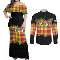 Saint Lucia Parrot Couples Matching Off Shoulder Maxi Dress and Long Sleeve Button Shirt with Madras Pattern and Cultural Black Motif Design - Wonder Print Shop