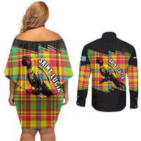 Saint Lucia Parrot Couples Matching Off Shoulder Short Dress and Long Sleeve Button Shirt with Madras Pattern and Cultural Black Motif Design - Wonder Print Shop