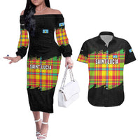Saint Lucia Parrot Couples Matching Off The Shoulder Long Sleeve Dress and Hawaiian Shirt with Madras Pattern and Cultural Black Motif Design - Wonder Print Shop
