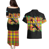 Saint Lucia Parrot Couples Matching Puletasi and Hawaiian Shirt with Madras Pattern and Cultural Black Motif Design - Wonder Print Shop