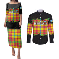 Saint Lucia Parrot Couples Matching Puletasi and Long Sleeve Button Shirt with Madras Pattern and Cultural Black Motif Design - Wonder Print Shop