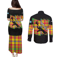 Saint Lucia Parrot Couples Matching Puletasi and Long Sleeve Button Shirt with Madras Pattern and Cultural Black Motif Design - Wonder Print Shop