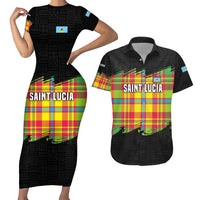 Saint Lucia Parrot Couples Matching Short Sleeve Bodycon Dress and Hawaiian Shirt with Madras Pattern and Cultural Black Motif Design - Wonder Print Shop