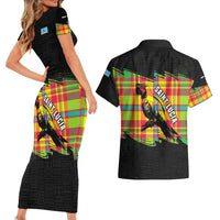 Saint Lucia Parrot Couples Matching Short Sleeve Bodycon Dress and Hawaiian Shirt with Madras Pattern and Cultural Black Motif Design - Wonder Print Shop