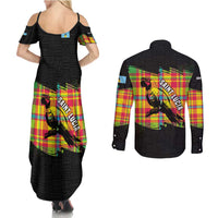 Saint Lucia Parrot Couples Matching Summer Maxi Dress and Long Sleeve Button Shirt with Madras Pattern and Cultural Black Motif Design - Wonder Print Shop