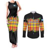 Saint Lucia Parrot Couples Matching Tank Maxi Dress and Long Sleeve Button Shirt with Madras Pattern and Cultural Black Motif Design - Wonder Print Shop