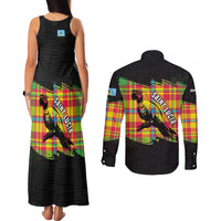 Saint Lucia Parrot Couples Matching Tank Maxi Dress and Long Sleeve Button Shirt with Madras Pattern and Cultural Black Motif Design - Wonder Print Shop