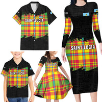 Saint Lucia Parrot Family Matching Long Sleeve Bodycon Dress and Hawaiian Shirt with Madras Pattern and Cultural Black Motif Design - Wonder Print Shop