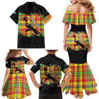 Saint Lucia Parrot Family Matching Mermaid Dress and Hawaiian Shirt with Madras Pattern and Cultural Black Motif Design - Wonder Print Shop