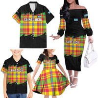 Saint Lucia Parrot Family Matching Off The Shoulder Long Sleeve Dress and Hawaiian Shirt with Madras Pattern and Cultural Black Motif Design - Wonder Print Shop