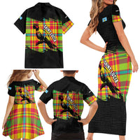 Saint Lucia Parrot Family Matching Short Sleeve Bodycon Dress and Hawaiian Shirt with Madras Pattern and Cultural Black Motif Design - Wonder Print Shop