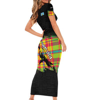 Saint Lucia Parrot Family Matching Short Sleeve Bodycon Dress and Hawaiian Shirt with Madras Pattern and Cultural Black Motif Design - Wonder Print Shop