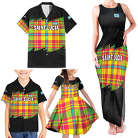 Saint Lucia Parrot Family Matching Tank Maxi Dress and Hawaiian Shirt with Madras Pattern and Cultural Black Motif Design - Wonder Print Shop