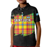 Saint Lucia Parrot Kid Polo Shirt with Madras Pattern and Cultural Black Motif Design - Wonder Print Shop